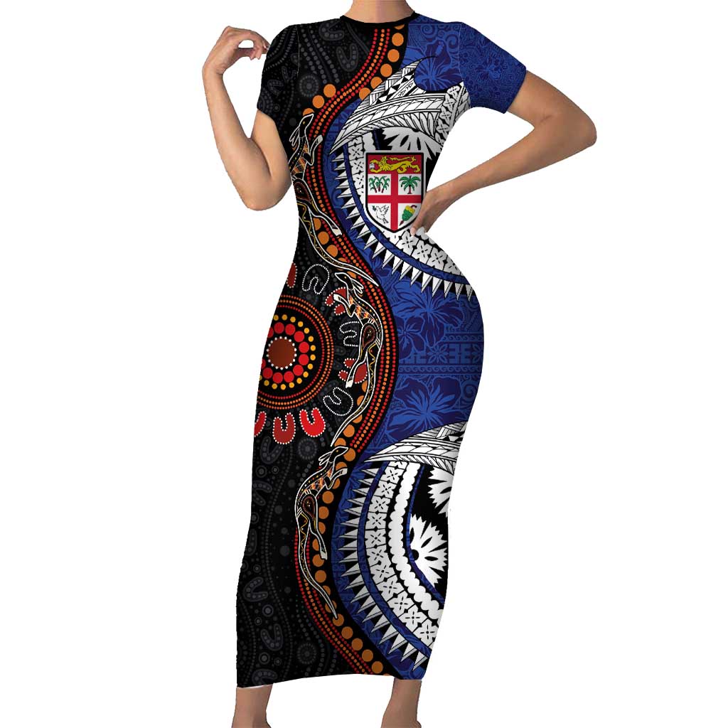Fiji and Australia Together Short Sleeve Bodycon Dress Kangaroo Aboriginal  with Tribal Tapa Hibiscus Half Style -