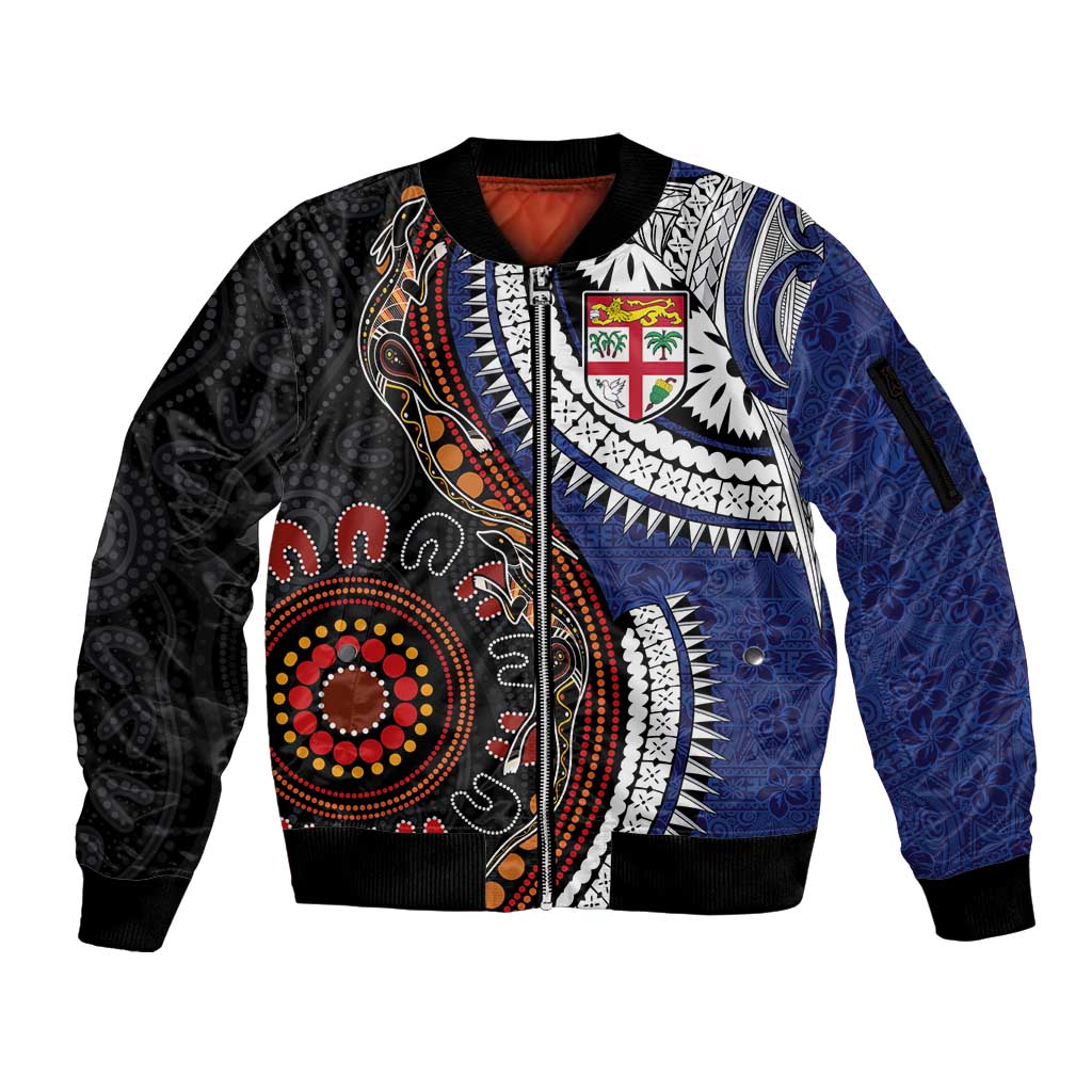Fiji and Australia Together Sleeve Zip Bomber Jacket Kangaroo Aboriginal with Tribal Tapa Hibiscus Half Style LT03 Unisex Black - Polynesian Pride