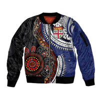 Fiji and Australia Together Sleeve Zip Bomber Jacket Kangaroo Aboriginal with Tribal Tapa Hibiscus Half Style LT03 Unisex Black - Polynesian Pride