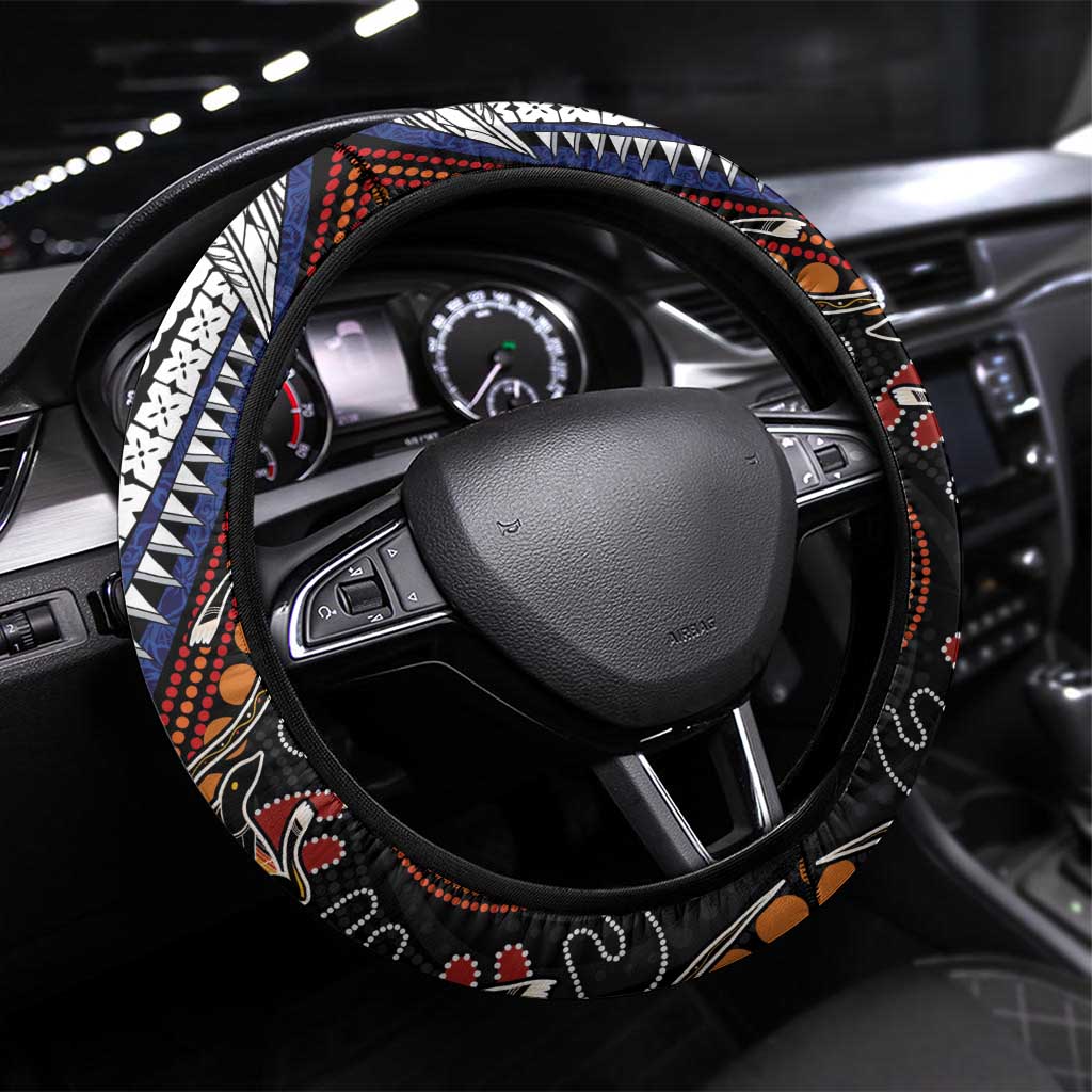 Fiji and Australia Together Steering Wheel Cover Kangaroo Aboriginal with Tribal Tapa Hibiscus Half Style LT03 Universal Fit Black - Polynesian Pride