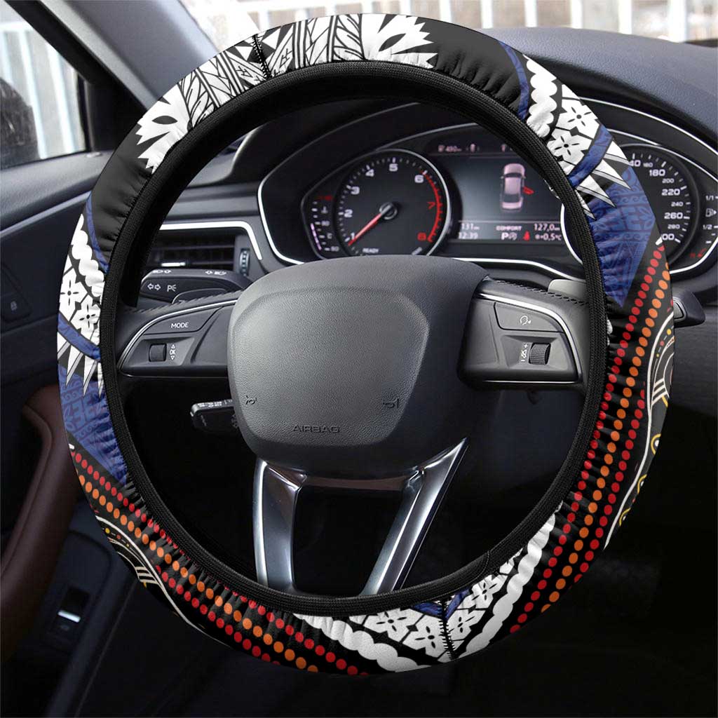 Fiji and Australia Together Steering Wheel Cover Kangaroo Aboriginal with Tribal Tapa Hibiscus Half Style LT03 - Polynesian Pride