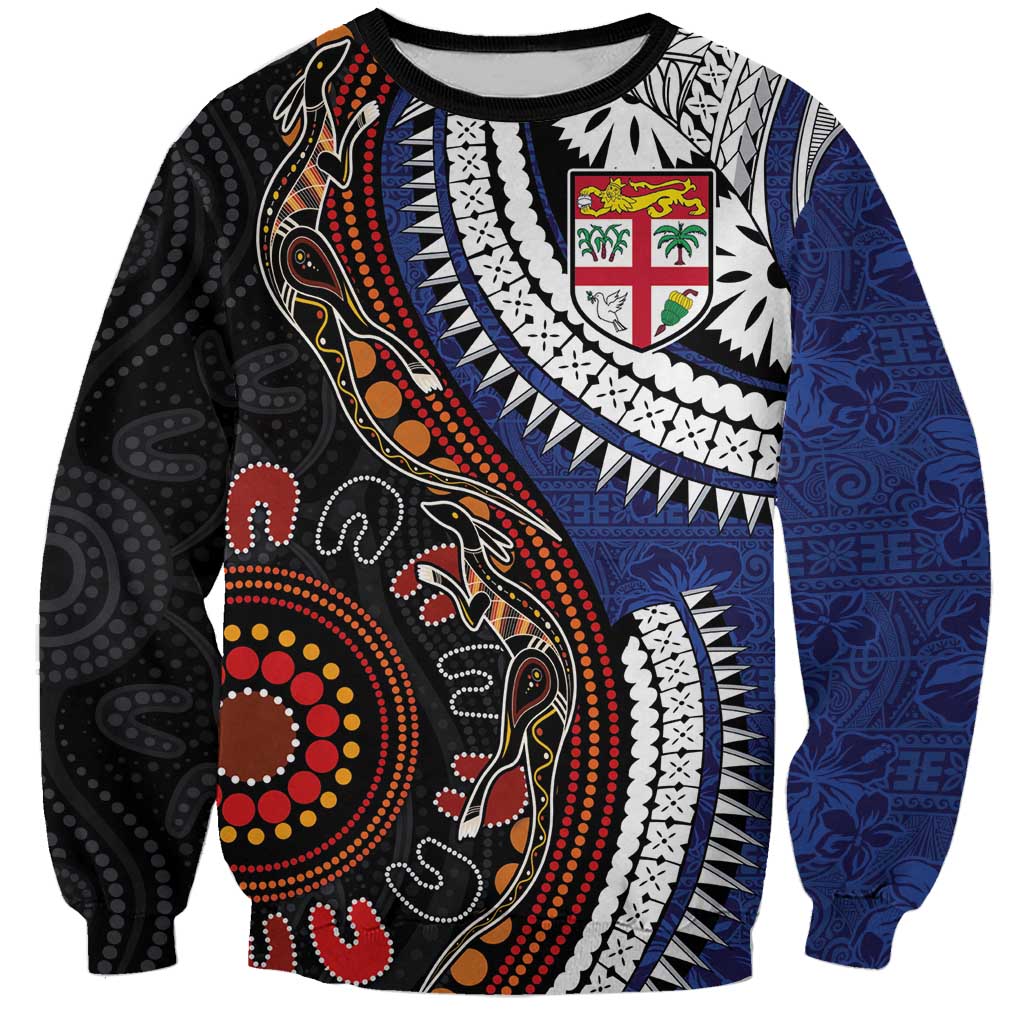 Fiji and Australia Together Sweatshirt Kangaroo Aboriginal with Tribal Tapa Hibiscus Half Style LT03 Unisex Black - Polynesian Pride