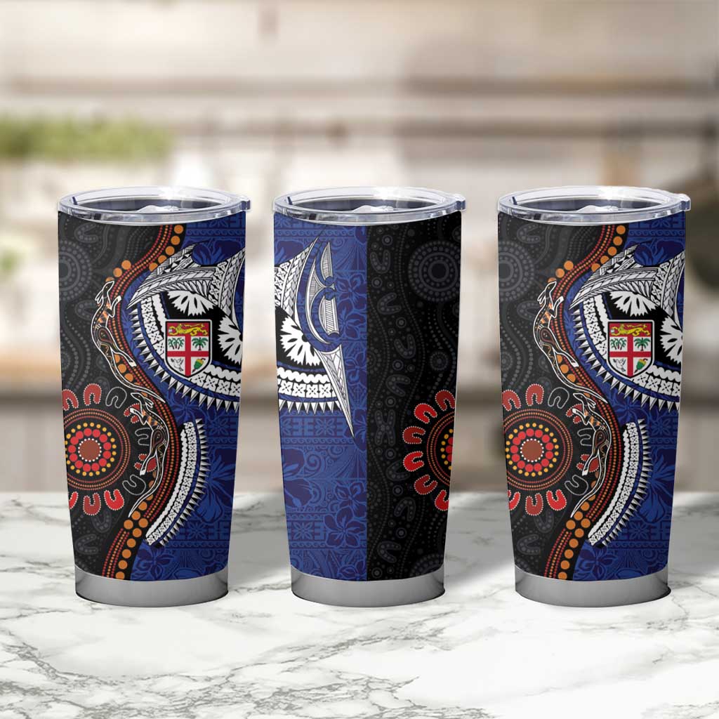 Fiji and Australia Together Tumbler Cup Kangaroo Aboriginal with Tribal Tapa Hibiscus Half Style - Polynesian Pride