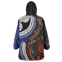 Fiji and Australia Together Wearable Blanket Hoodie Kangaroo Aboriginal with Tribal Tapa Hibiscus Half Style - Polynesian Pride
