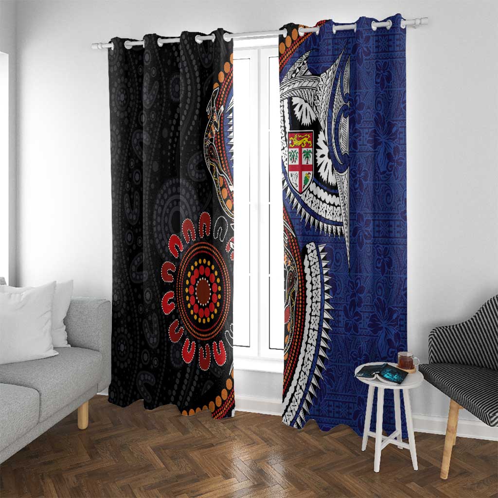 Fiji and Australia Together Window Curtain Kangaroo Aboriginal with Tribal Tapa Hibiscus Half Style - Polynesian Pride