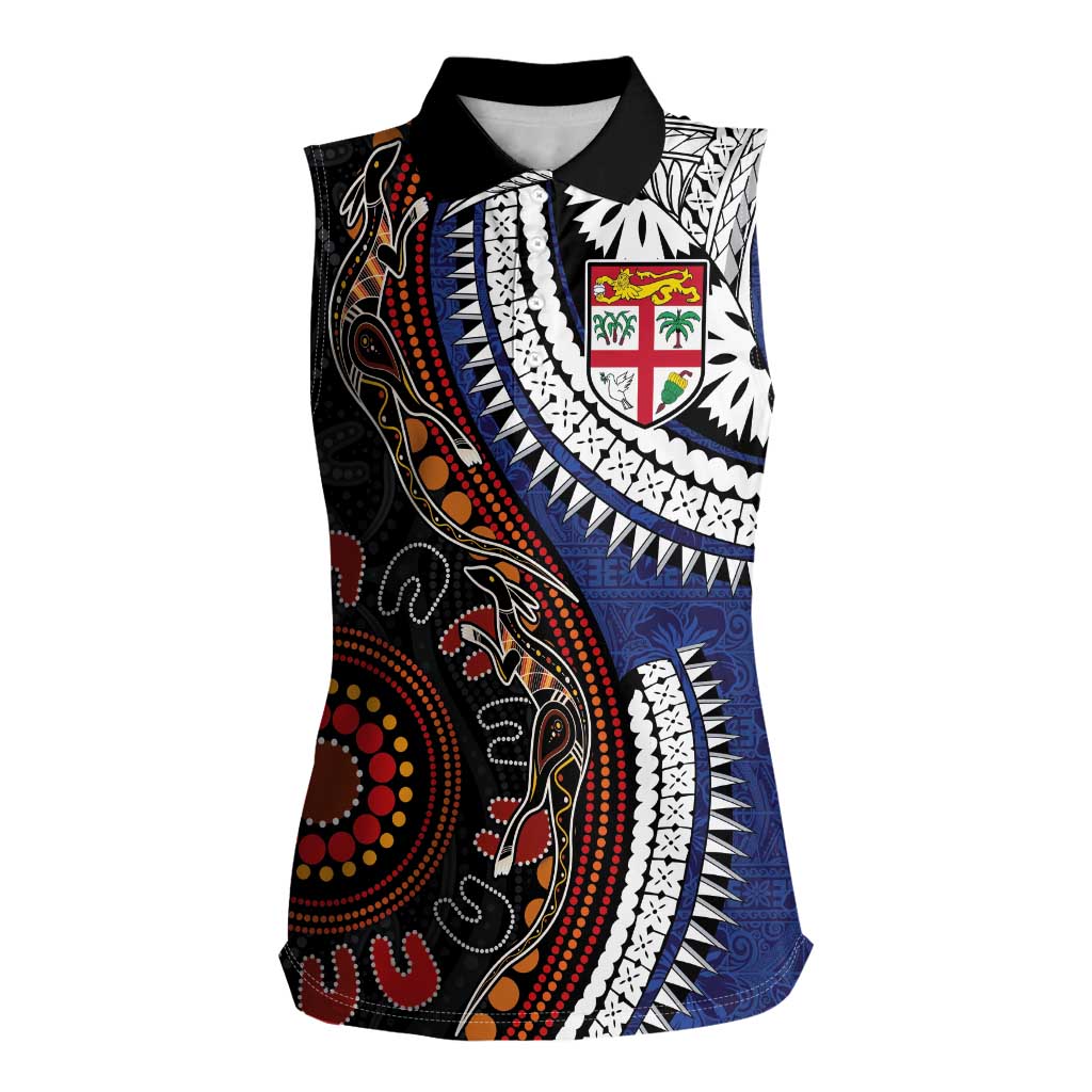 Fiji and Australia Together Women Sleeveless Polo Shirt Kangaroo Aboriginal with Tribal Tapa Hibiscus Half Style - Polynesian Pride