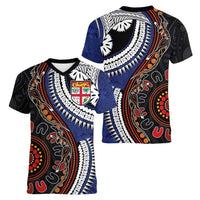 Fiji and Australia Together Women V-Neck T-Shirt Kangaroo Aboriginal with Tribal Tapa Hibiscus Half Style - Polynesian Pride