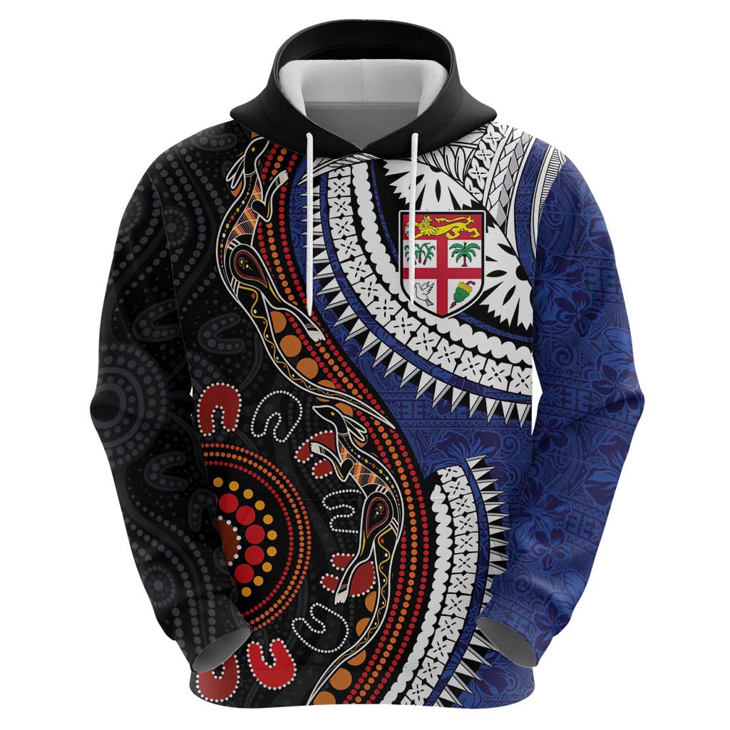 Fiji and Australia Together Zip Hoodie Kangaroo Aboriginal with Tribal Tapa Hibiscus Half Style - Polynesian Pride