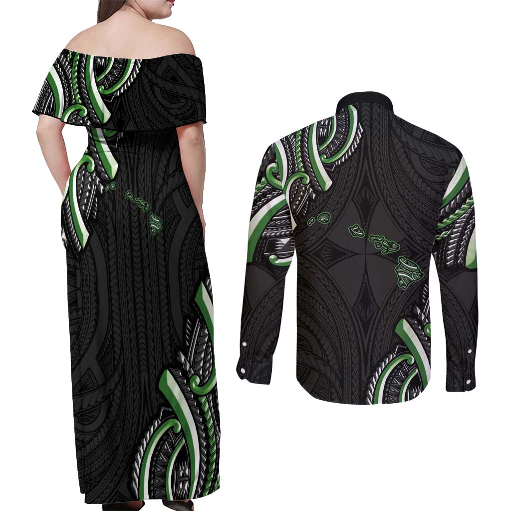 Traditional Art Hawaiian Kakau Tattoos Couples Matching Off Shoulder Maxi Dress and Long Sleeve Button Shirt Green Color - Polynesian Pride