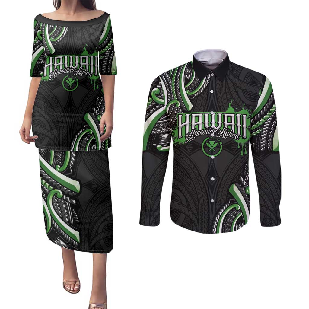 Traditional Art Hawaiian Kakau Tattoos Couples Matching Puletasi and Long Sleeve Button Shirt Green Color - Polynesian Pride