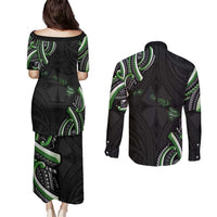 Traditional Art Hawaiian Kakau Tattoos Couples Matching Puletasi and Long Sleeve Button Shirt Green Color - Polynesian Pride