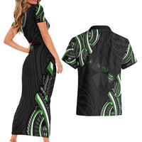 Traditional Art Hawaiian Kakau Tattoos Couples Matching Short Sleeve Bodycon Dress and Hawaiian Shirt Green Color - Polynesian Pride
