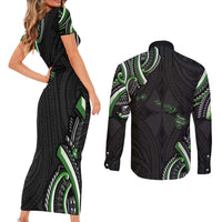 Traditional Art Hawaiian Kakau Tattoos Couples Matching Short Sleeve Bodycon Dress and Long Sleeve Button Shirt Green Color - Polynesian Pride