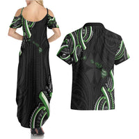 Traditional Art Hawaiian Kakau Tattoos Couples Matching Summer Maxi Dress and Hawaiian Shirt Green Color - Polynesian Pride