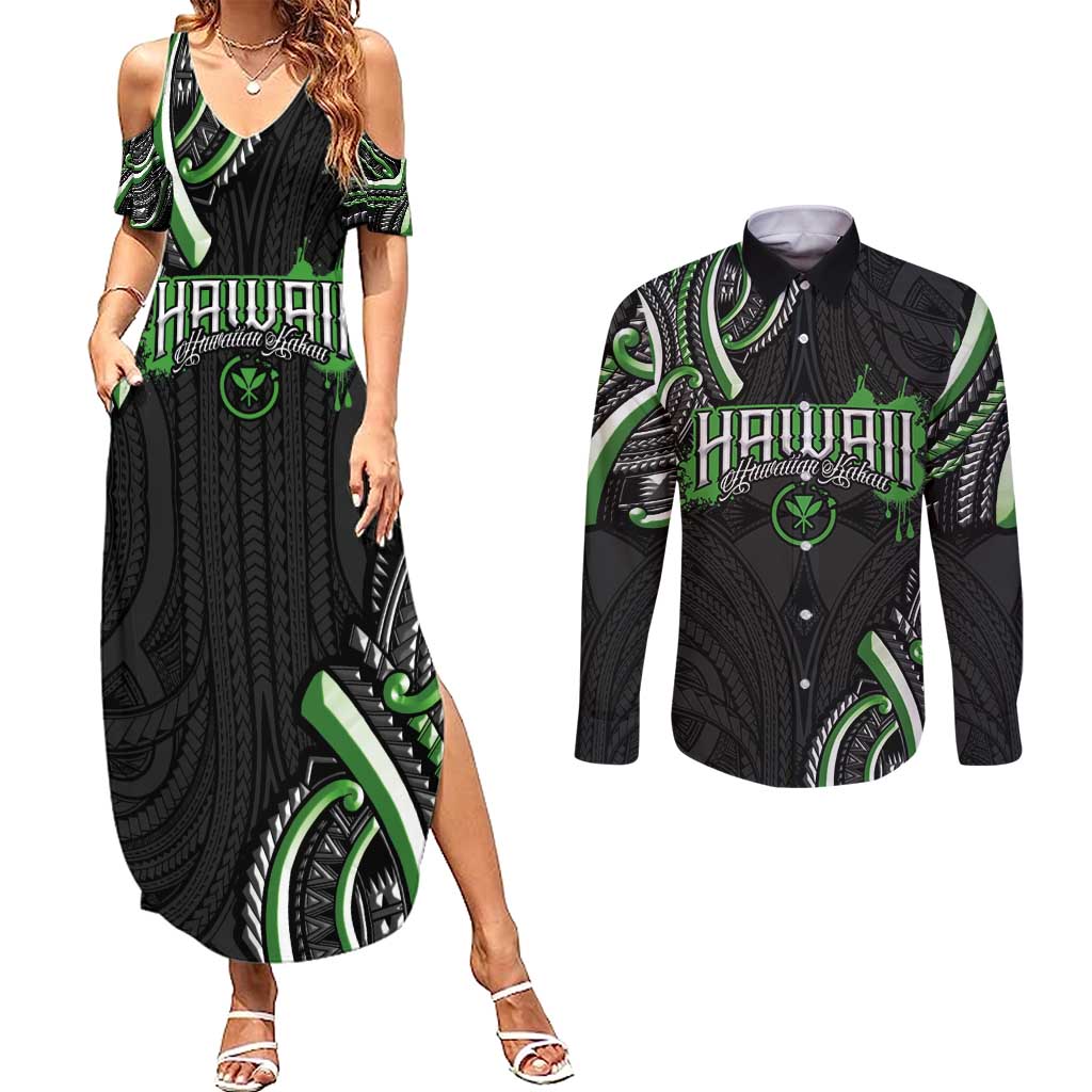 Traditional Art Hawaiian Kakau Tattoos Couples Matching Summer Maxi Dress and Long Sleeve Button Shirt Green Color - Polynesian Pride