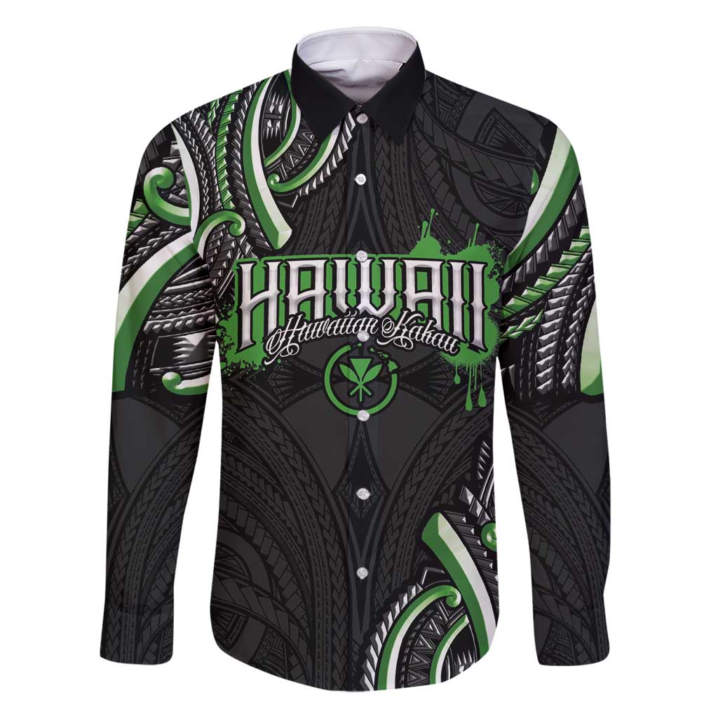 Traditional Art Hawaiian Kakau Tattoos Family Matching Long Sleeve Bodycon Dress and Hawaiian Shirt Green Color - Polynesian Pride