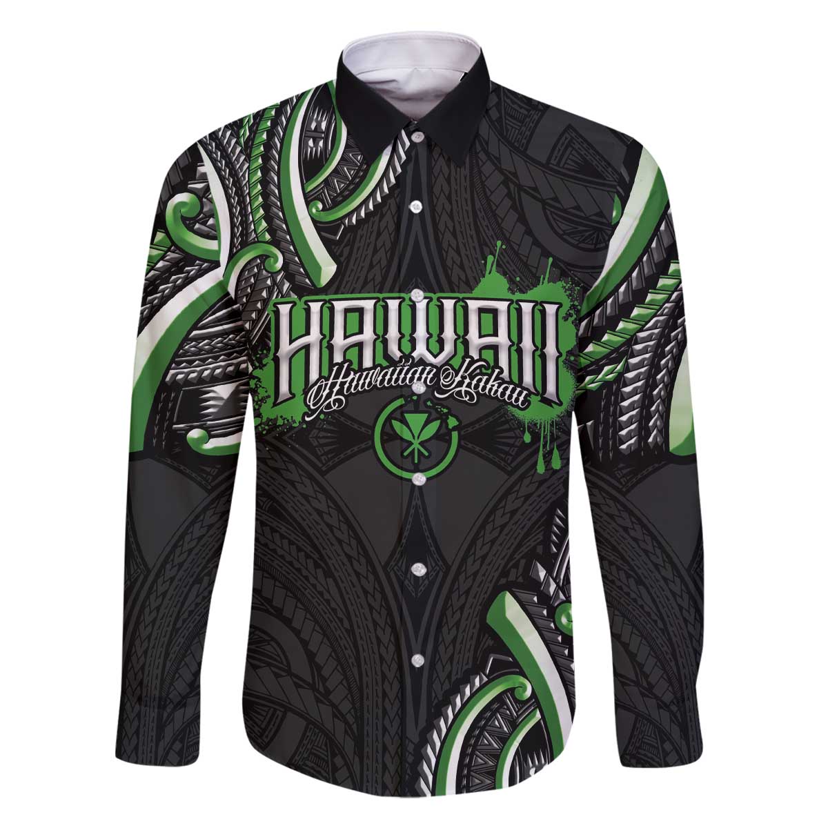 Traditional Art Hawaiian Kakau Tattoos Family Matching Off The Shoulder Long Sleeve Dress and Hawaiian Shirt Green Color - Polynesian Pride