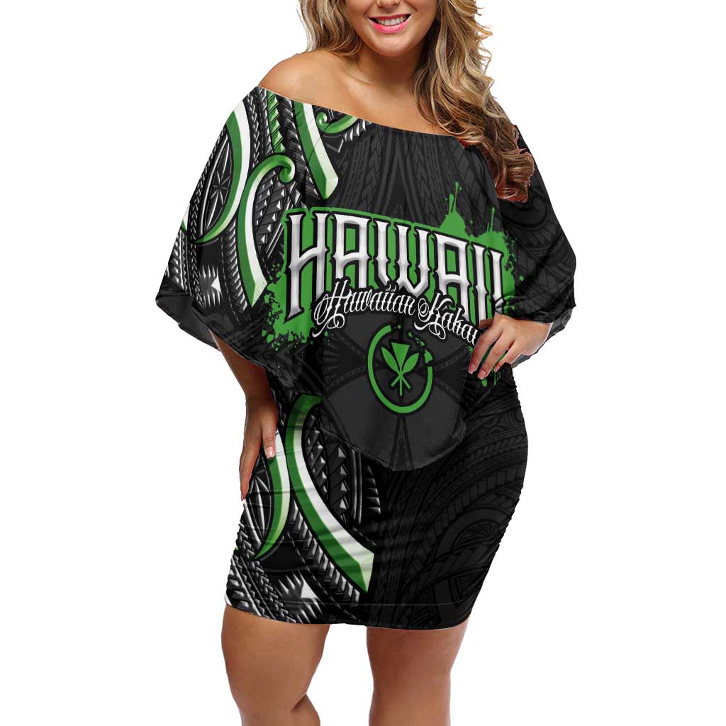 Traditional Art Hawaiian Kakau Tattoos Family Matching Off Shoulder Short Dress and Hawaiian Shirt Green Color - Polynesian Pride