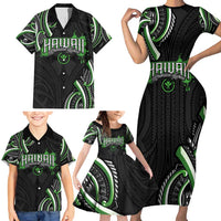 Traditional Art Hawaiian Kakau Tattoos Family Matching Short Sleeve Bodycon Dress and Hawaiian Shirt Green Color - Polynesian Pride