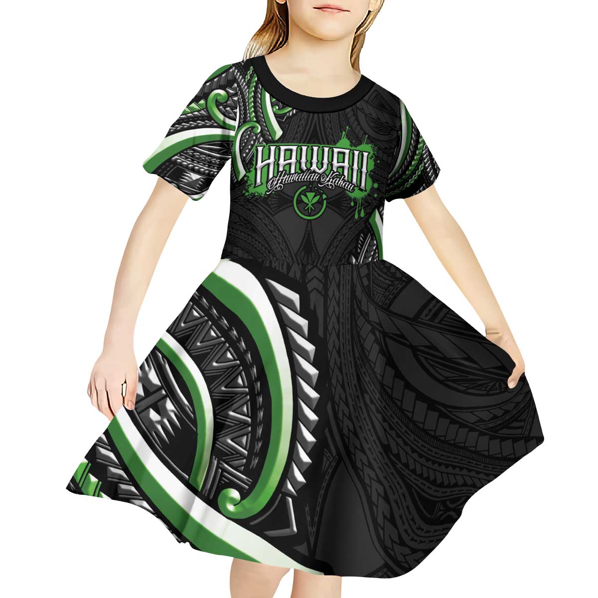 Traditional Art Hawaiian Kakau Tattoos Kid Short Sleeve Dress Green Color - Polynesian Pride