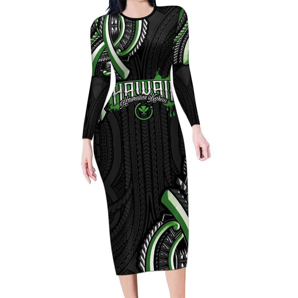 Traditional Art Hawaiian Kakau Tattoos Long Sleeve Bodycon Dress Green Color - Polynesian Pride