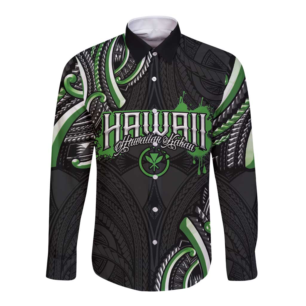 Traditional Art Hawaiian Kakau Tattoos Long Sleeve Button Shirt Green Color LT03 Unisex Green - Polynesian Pride