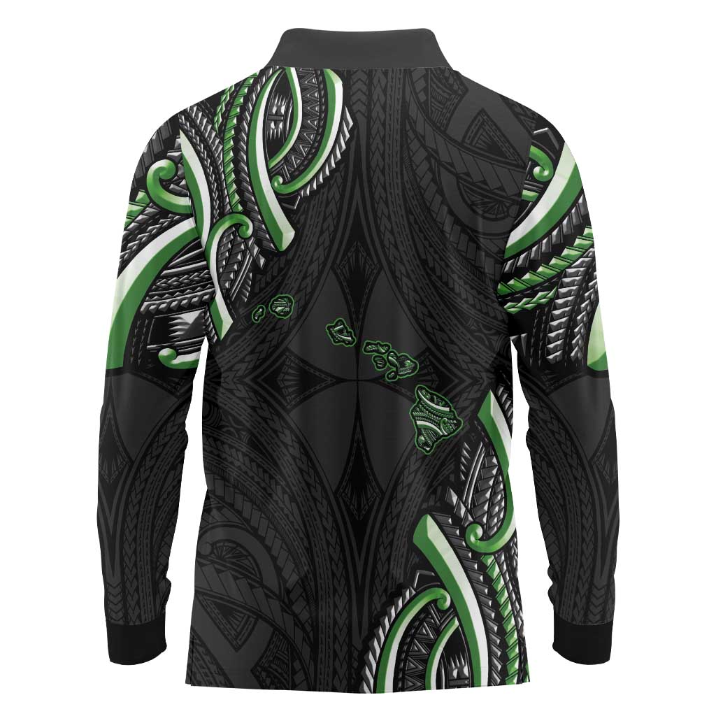 Traditional Art Hawaiian Kakau Tattoos Long Sleeve Polo Shirt Green Color - Polynesian Pride