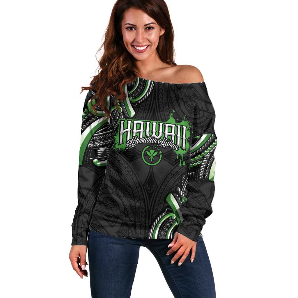 Traditional Art Hawaiian Kakau Tattoos Off Shoulder Sweater Green Color - Polynesian Pride