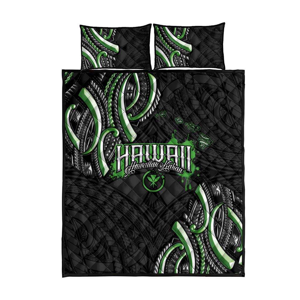 Traditional Art Hawaiian Kakau Tattoos Quilt Bed Set Green Color - Polynesian Pride