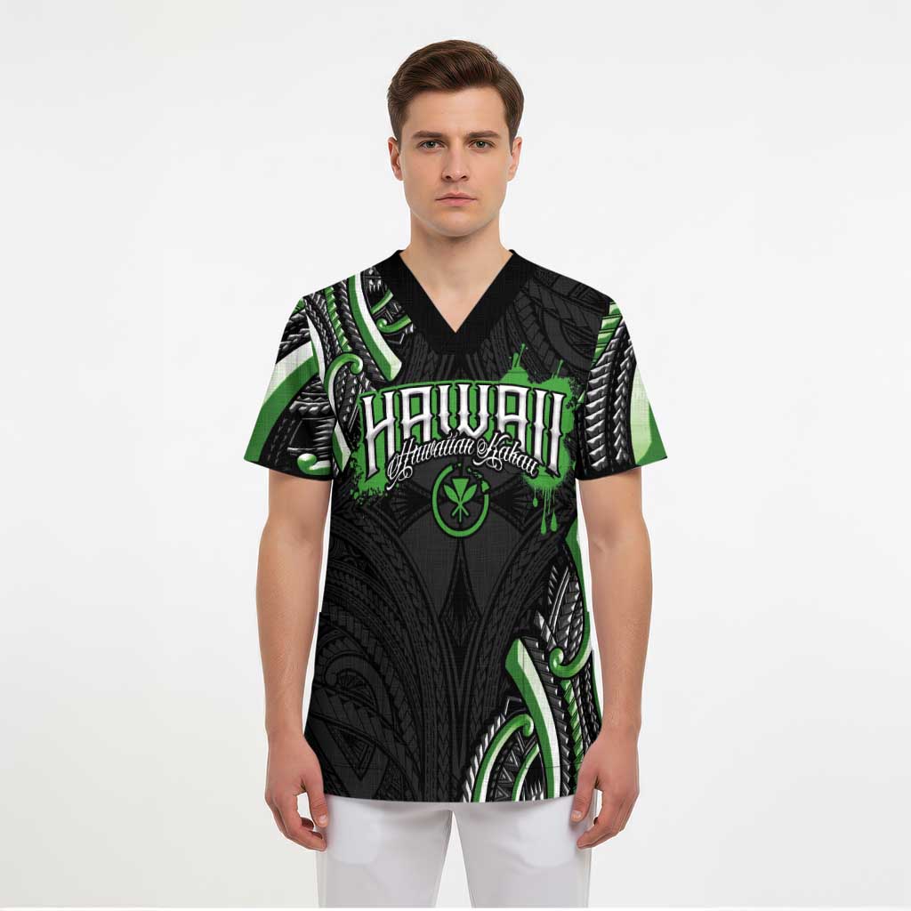 Traditional Art Hawaiian Kakau Tattoos Scrub Top Green Color - Polynesian Pride