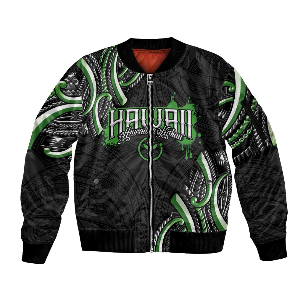 Traditional Art Hawaiian Kakau Tattoos Sleeve Zip Bomber Jacket Green Color LT03 Unisex Green - Polynesian Pride