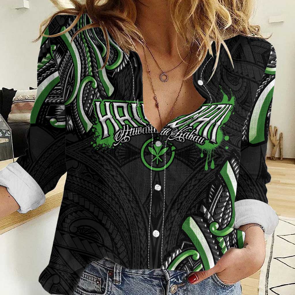 Traditional Art Hawaiian Kakau Tattoos Women Casual Shirt Green Color - Polynesian Pride