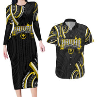 Traditional Art Hawaiian Kakau Tattoos Couples Matching Long Sleeve Bodycon Dress and Hawaiian Shirt Yellow Color - Polynesian Pride