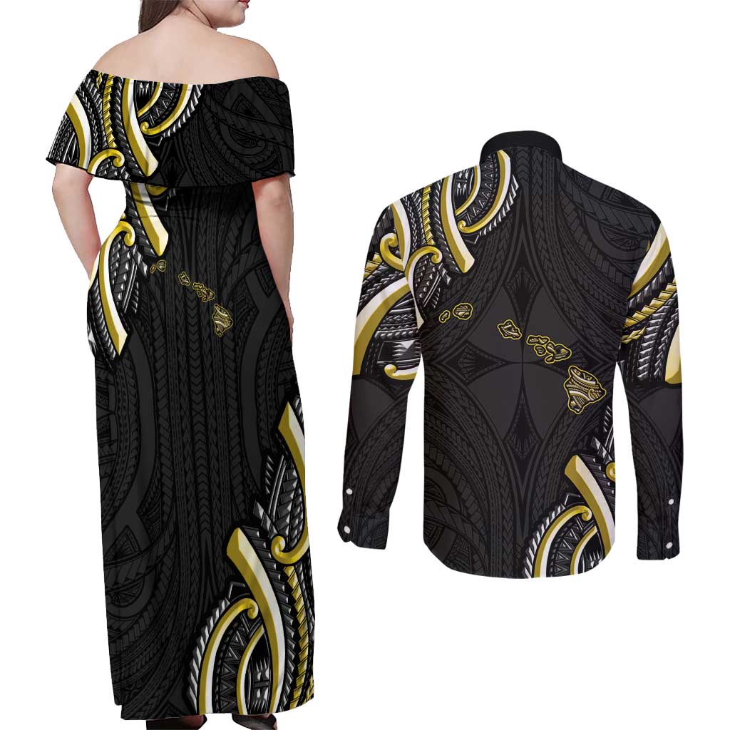 Traditional Art Hawaiian Kakau Tattoos Couples Matching Off Shoulder Maxi Dress and Long Sleeve Button Shirt Yellow Color - Polynesian Pride
