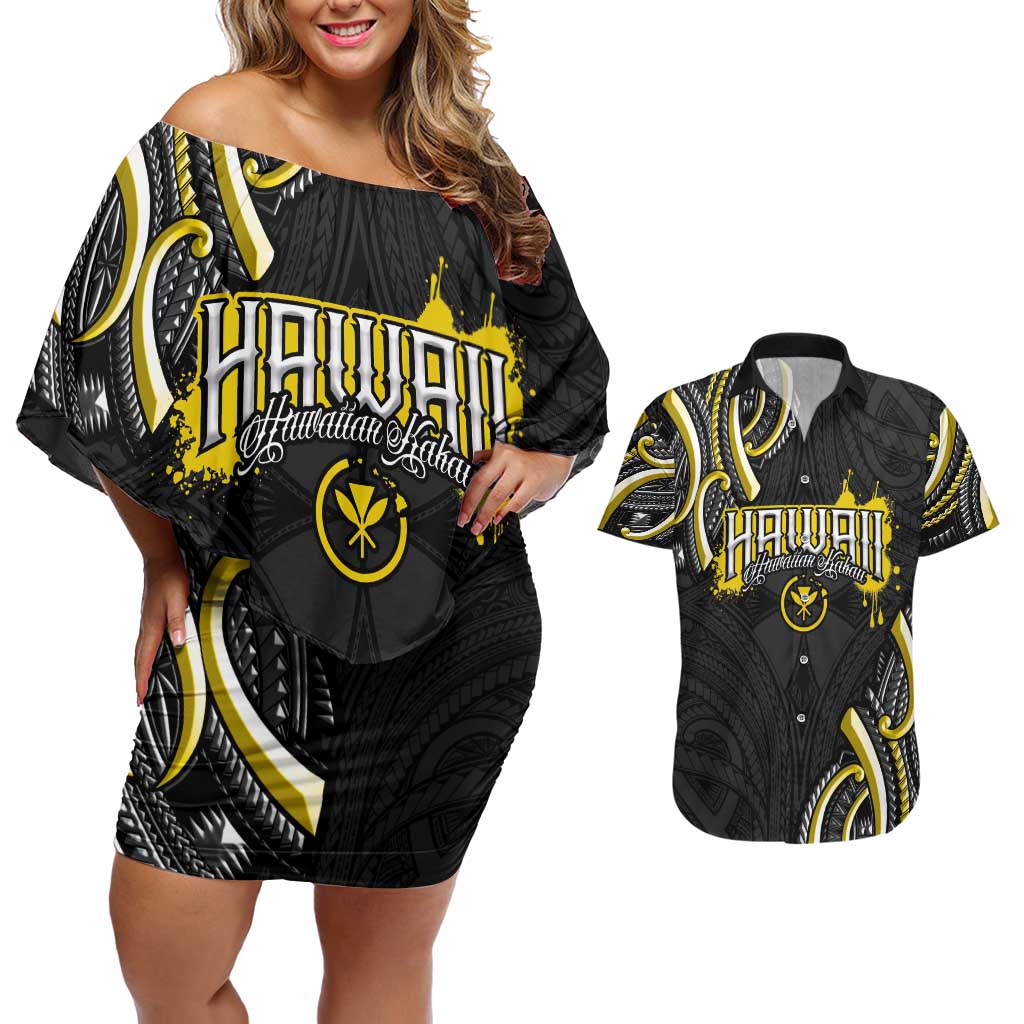 Traditional Art Hawaiian Kakau Tattoos Couples Matching Off Shoulder Short Dress and Hawaiian Shirt Yellow Color - Polynesian Pride