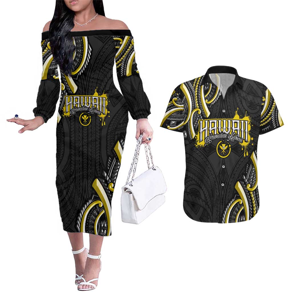 Traditional Art Hawaiian Kakau Tattoos Couples Matching Off The Shoulder Long Sleeve Dress and Hawaiian Shirt Yellow Color - Polynesian Pride