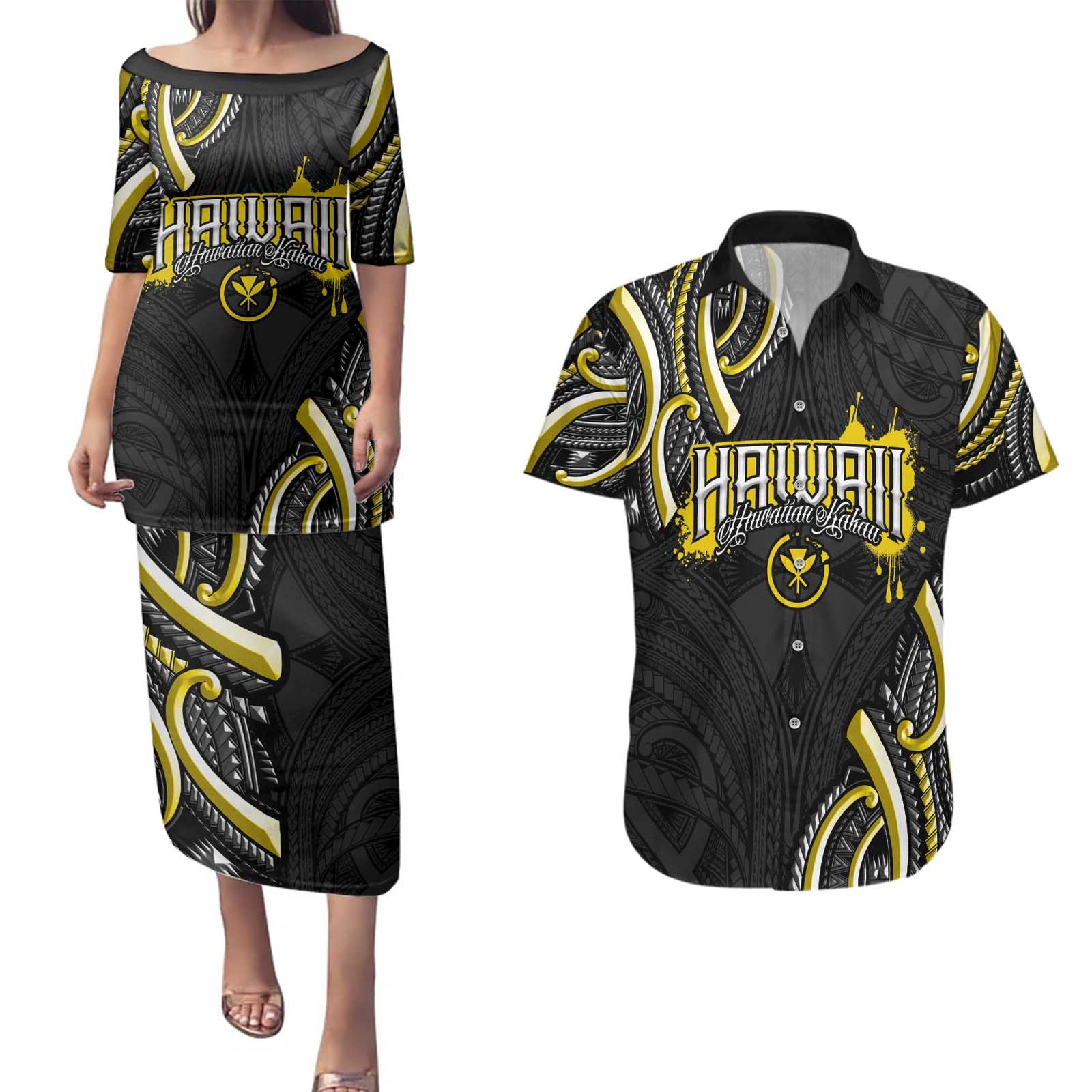 Traditional Art Hawaiian Kakau Tattoos Couples Matching Puletasi and Hawaiian Shirt Yellow Color LT03 Yellow - Polynesian Pride