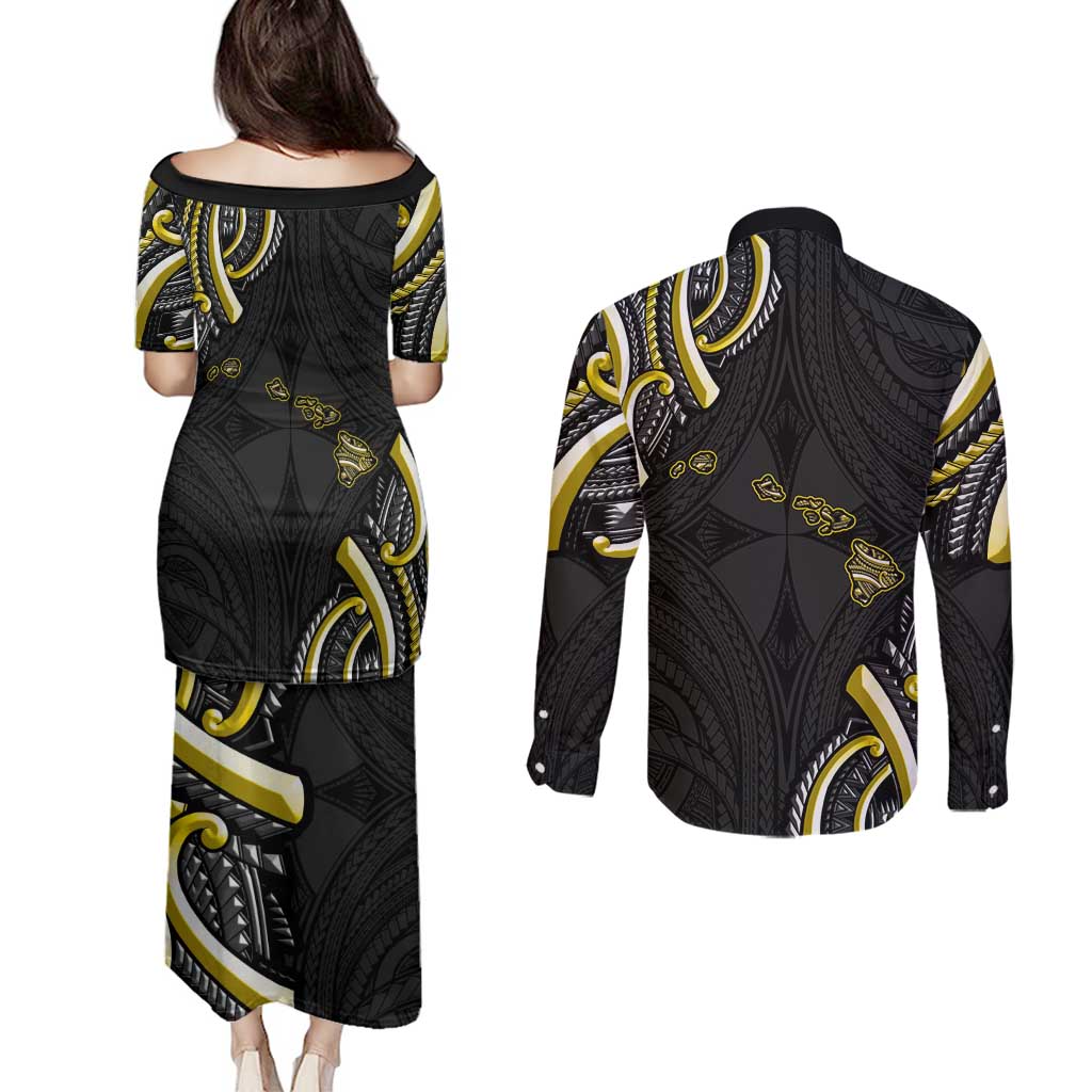 Traditional Art Hawaiian Kakau Tattoos Couples Matching Puletasi and Long Sleeve Button Shirt Yellow Color - Polynesian Pride