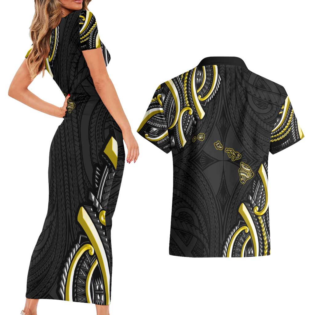 Traditional Art Hawaiian Kakau Tattoos Couples Matching Short Sleeve Bodycon Dress and Hawaiian Shirt Yellow Color - Polynesian Pride