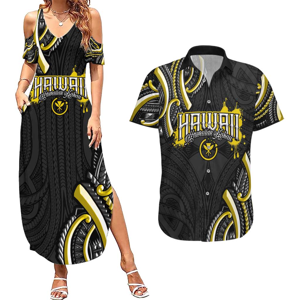 Traditional Art Hawaiian Kakau Tattoos Couples Matching Summer Maxi Dress and Hawaiian Shirt Yellow Color - Polynesian Pride