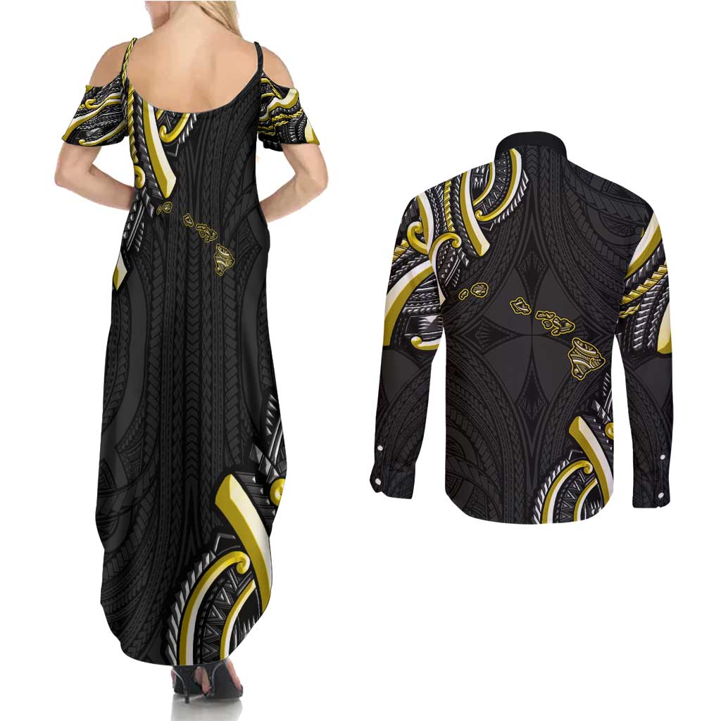 Traditional Art Hawaiian Kakau Tattoos Couples Matching Summer Maxi Dress and Long Sleeve Button Shirt Yellow Color - Polynesian Pride
