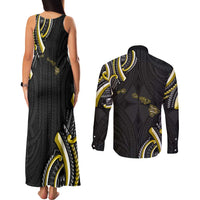 Traditional Art Hawaiian Kakau Tattoos Couples Matching Tank Maxi Dress and Long Sleeve Button Shirt Yellow Color - Polynesian Pride