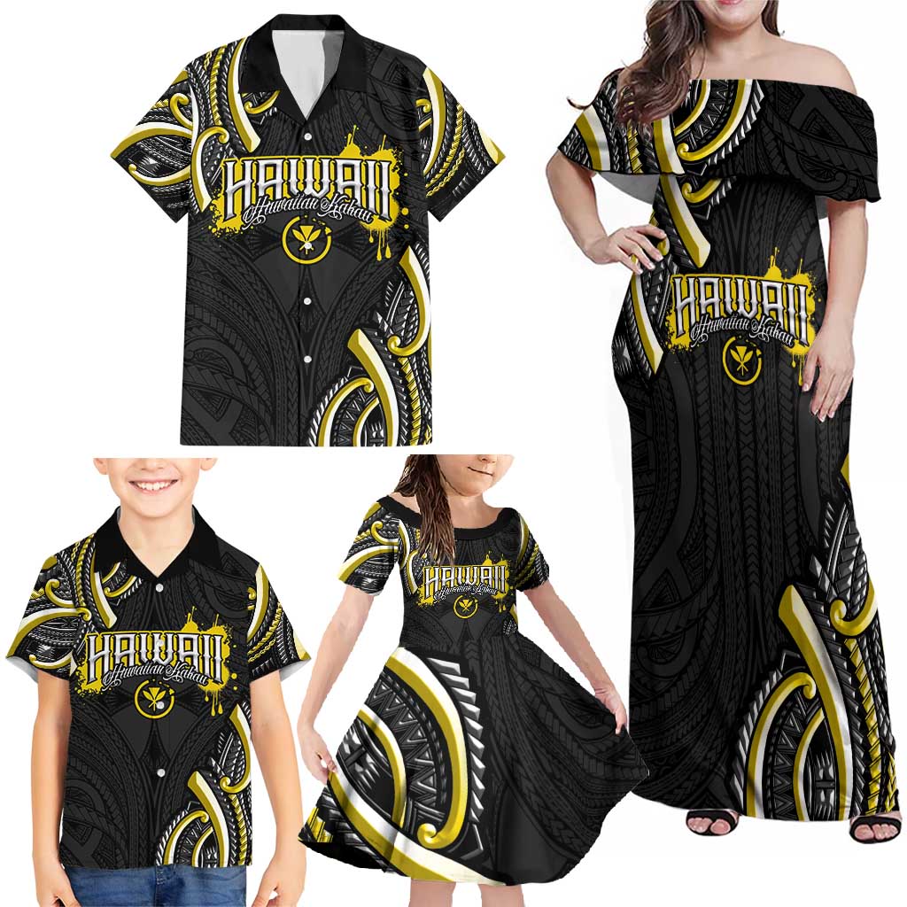 Traditional Art Hawaiian Kakau Tattoos Family Matching Off Shoulder Maxi Dress and Hawaiian Shirt Yellow Color - Polynesian Pride