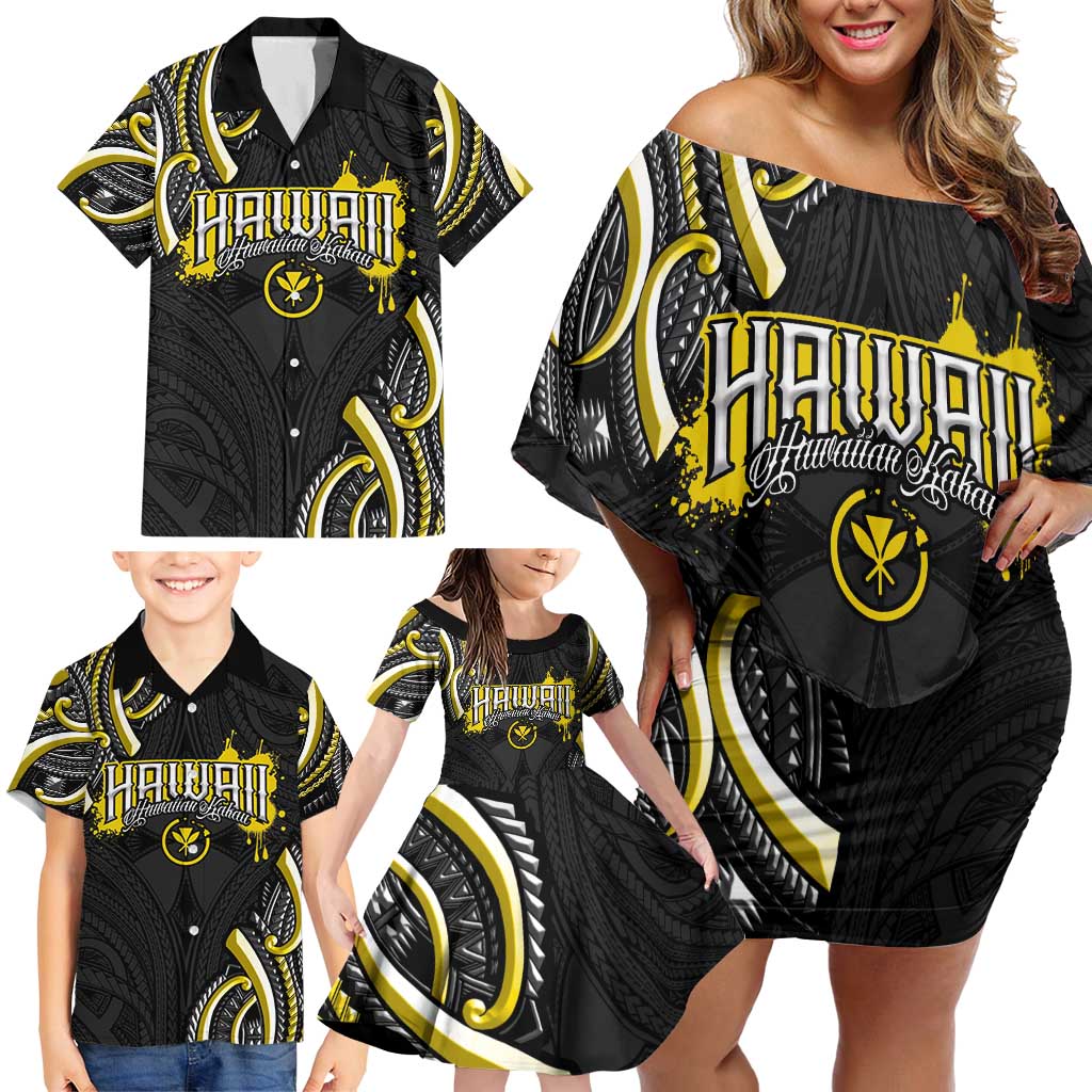 Traditional Art Hawaiian Kakau Tattoos Family Matching Off Shoulder Short Dress and Hawaiian Shirt Yellow Color - Polynesian Pride