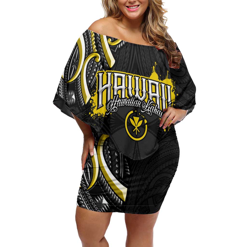 Traditional Art Hawaiian Kakau Tattoos Family Matching Off Shoulder Short Dress and Hawaiian Shirt Yellow Color - Polynesian Pride