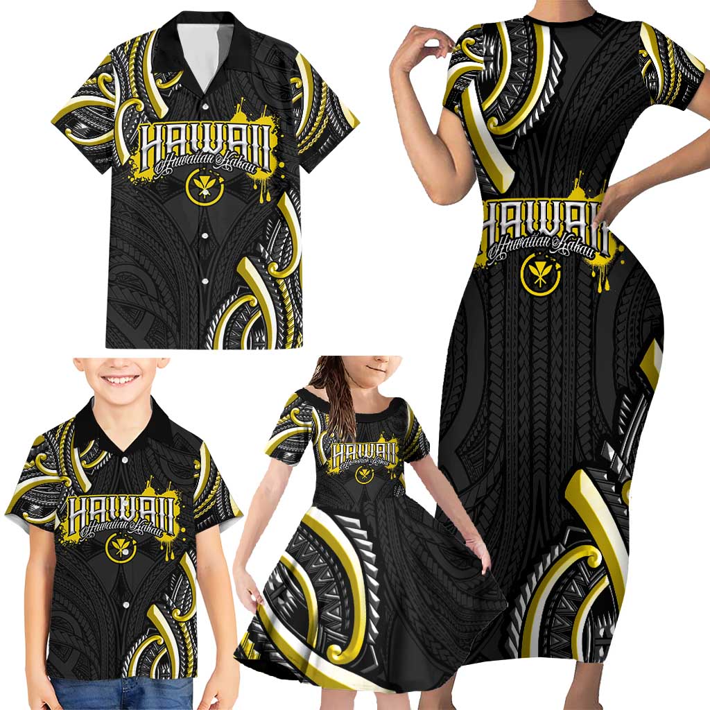 Traditional Art Hawaiian Kakau Tattoos Family Matching Short Sleeve Bodycon Dress and Hawaiian Shirt Yellow Color - Polynesian Pride