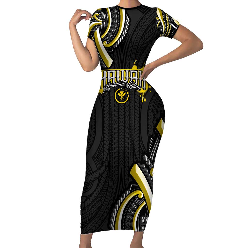 Traditional Art Hawaiian Kakau Tattoos Short Sleeve Bodycon Dress Yellow Color - Polynesian Pride