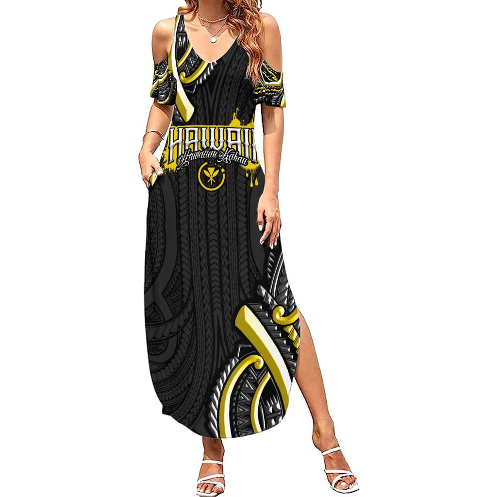 Traditional Art Hawaiian Kakau Tattoos Summer Maxi Dress Yellow Color - Polynesian Pride
