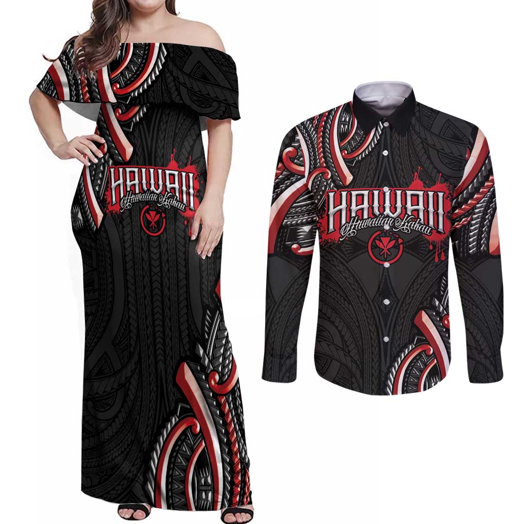 Traditional Art Hawaiian Kakau Tattoos Couples Matching Off Shoulder Maxi Dress and Long Sleeve Button Shirt Red Color - Polynesian Pride