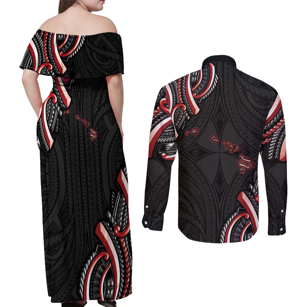 Traditional Art Hawaiian Kakau Tattoos Couples Matching Off Shoulder Maxi Dress and Long Sleeve Button Shirt Red Color - Polynesian Pride